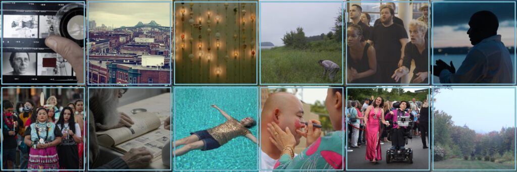 Image description: A mosaic of twelve square still images from the selected Moving Image Fund projects bordered in bright blue-green.